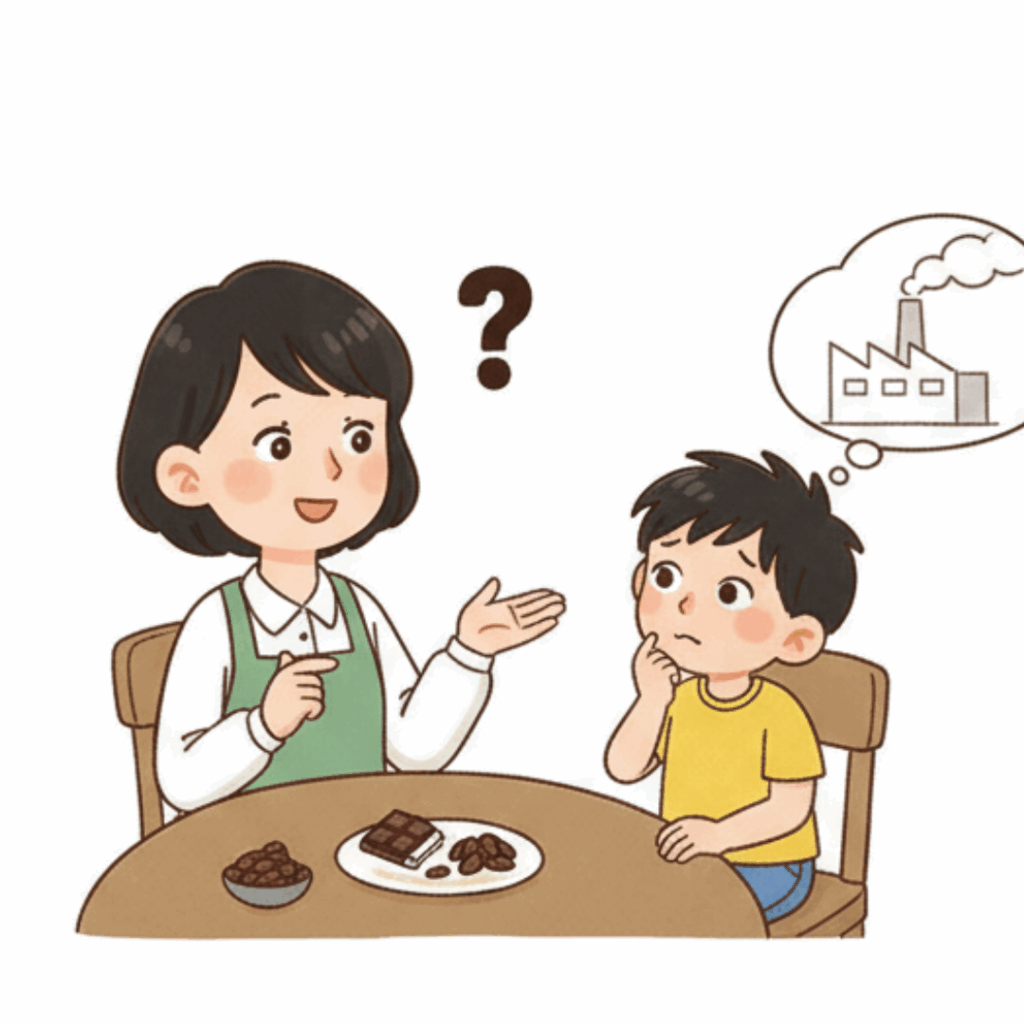 フェアトレードのチョコレートができるしくみを話すママ